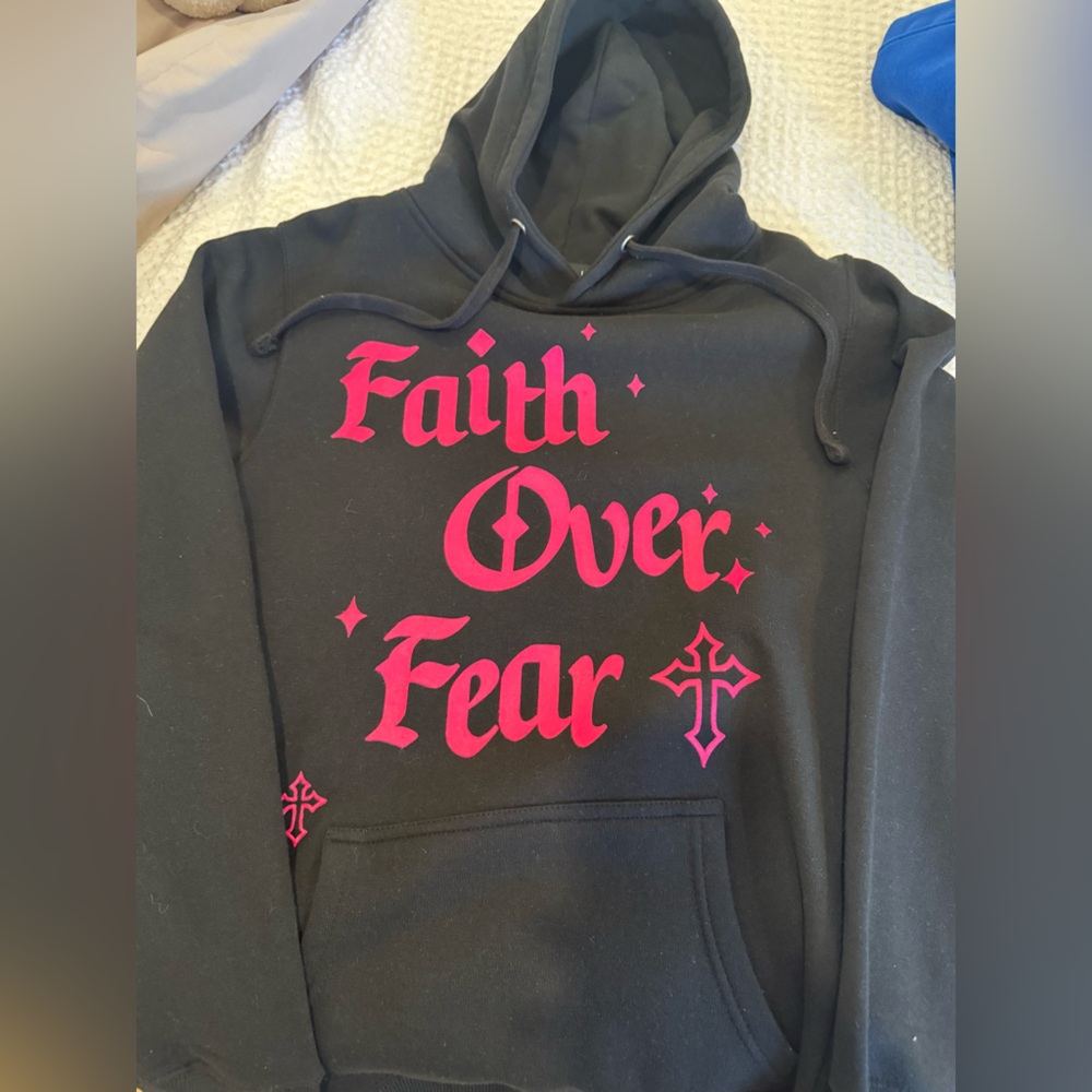 Black Hoodie with Pink Faith Over Fear Design